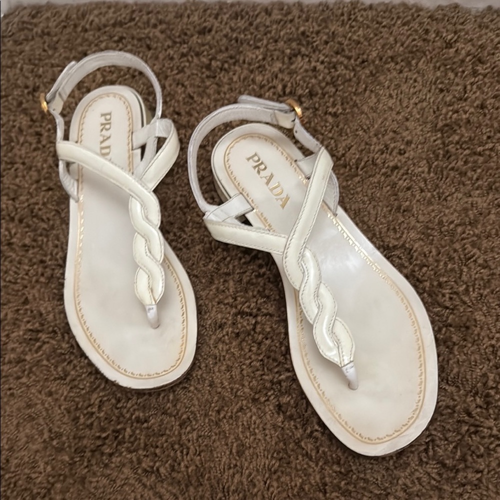 Prada White Leather Sandals with Braided Design
